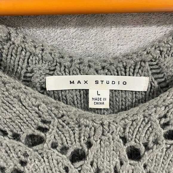 Max Studio Womens Open Knit Sweater Sz Large Grey V-neck Long Sleeve Wool Blend - Picture 2 of 11